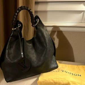 Authentic Louis Vuitton Carmel hobo bag. Black w/monogram pattern, brown handle.